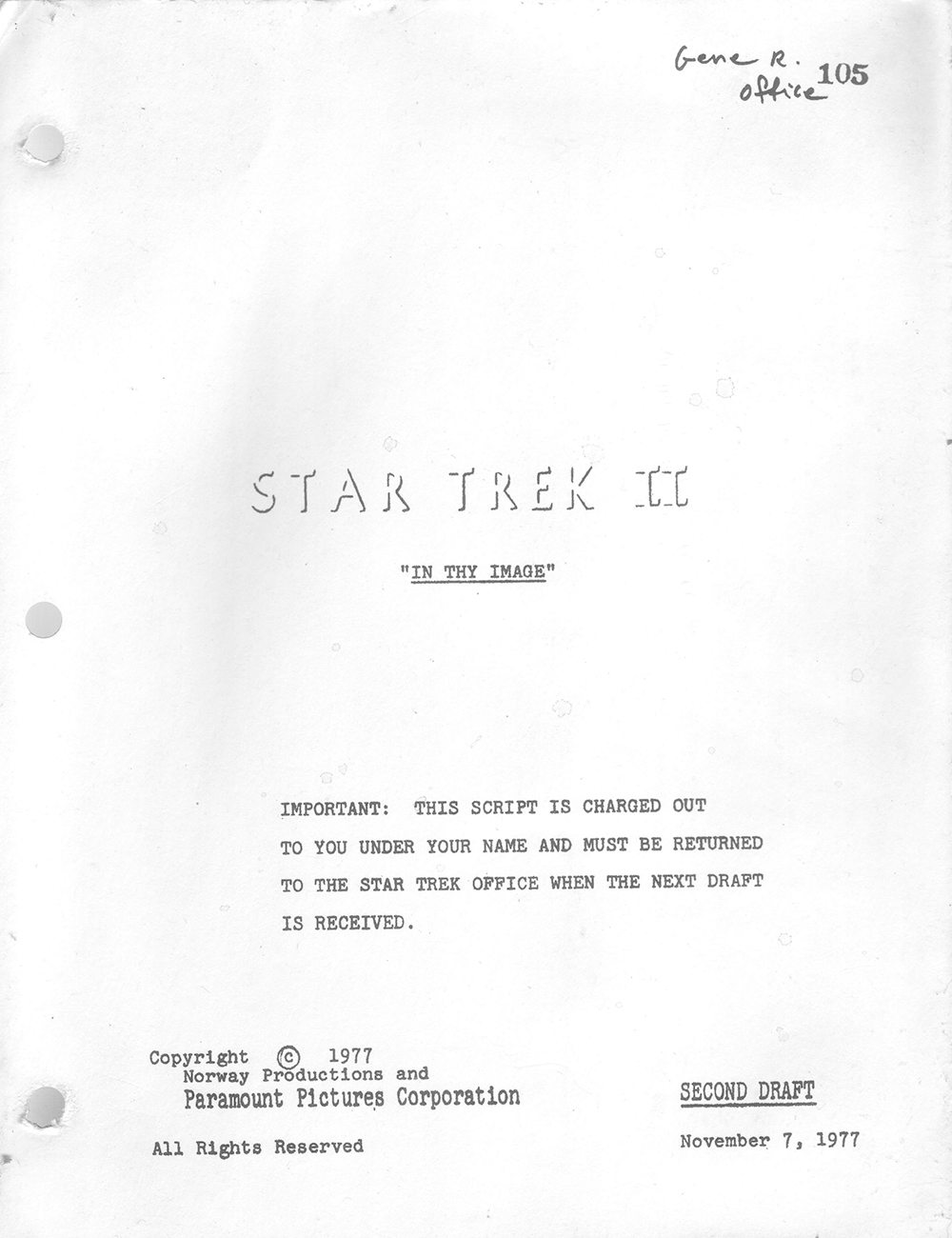 In Thy Image screenplay by Gene Roddenberry