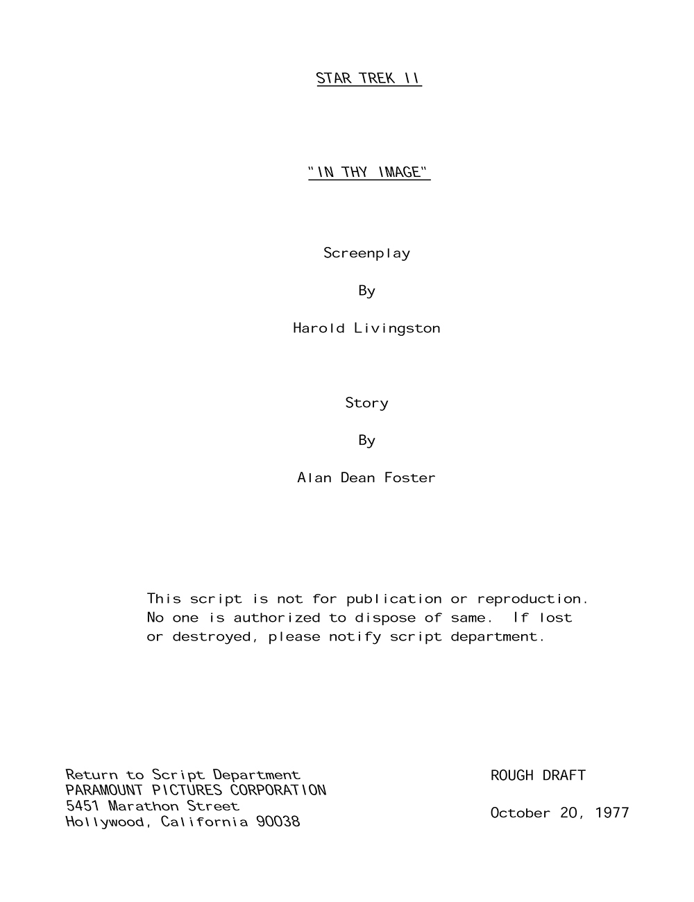 In Thy Image screenplay by Harold Livingston