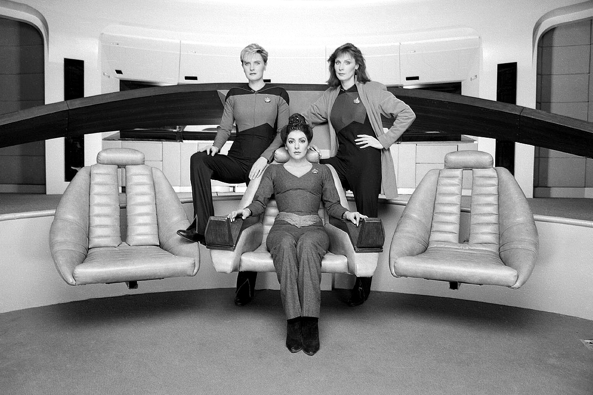 Season 1 publicity photo of Denise Crosby, Marina Sirtis and Gates McFadden